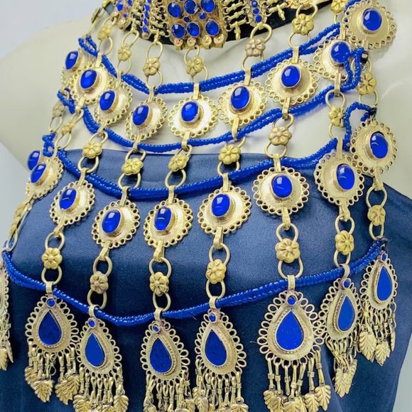 Blue Stones Necklace, Unique Oversized Necklace, Handmade Tribal Kuchi Boho - Picture 4 of 13